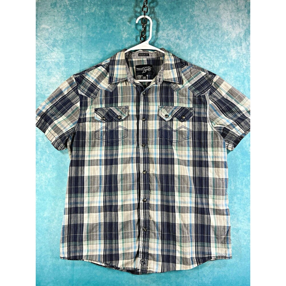 Moonshine Spirit Men's M Regular Fit Blue Plaid Short Sleeve Button-Up Pockets